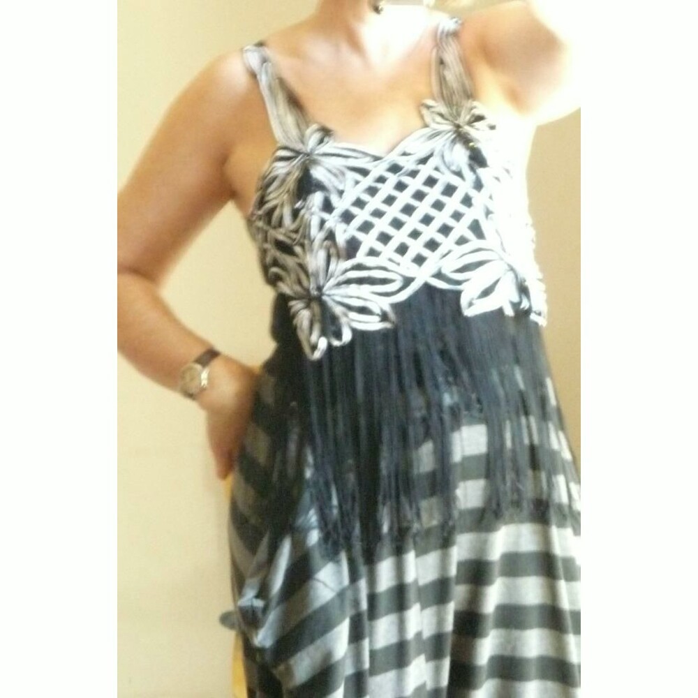 Vintage Black stretch bodysuit white ribbon embroidery fringe tassel  front M